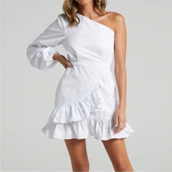 Revolve Showpo. UDELE One Shoulder Ruffle Cotton Mini DRESS in White - Picture 1 of 9